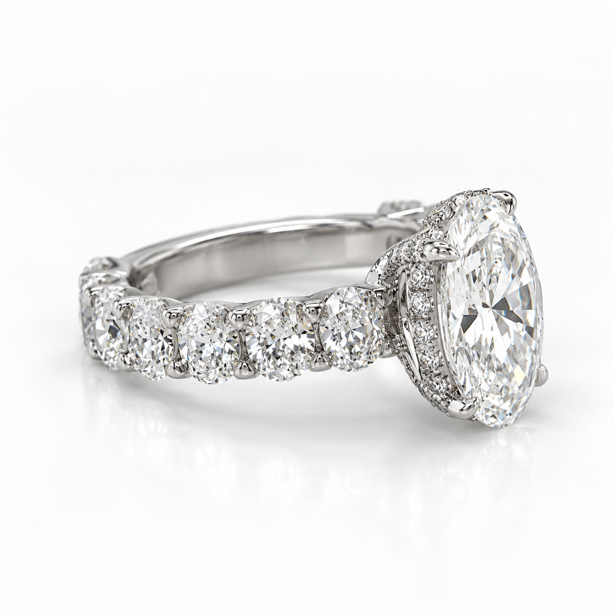 Oval Diamond Eternity Style Engagement Ring with Diamond Basket & Hidden Halo