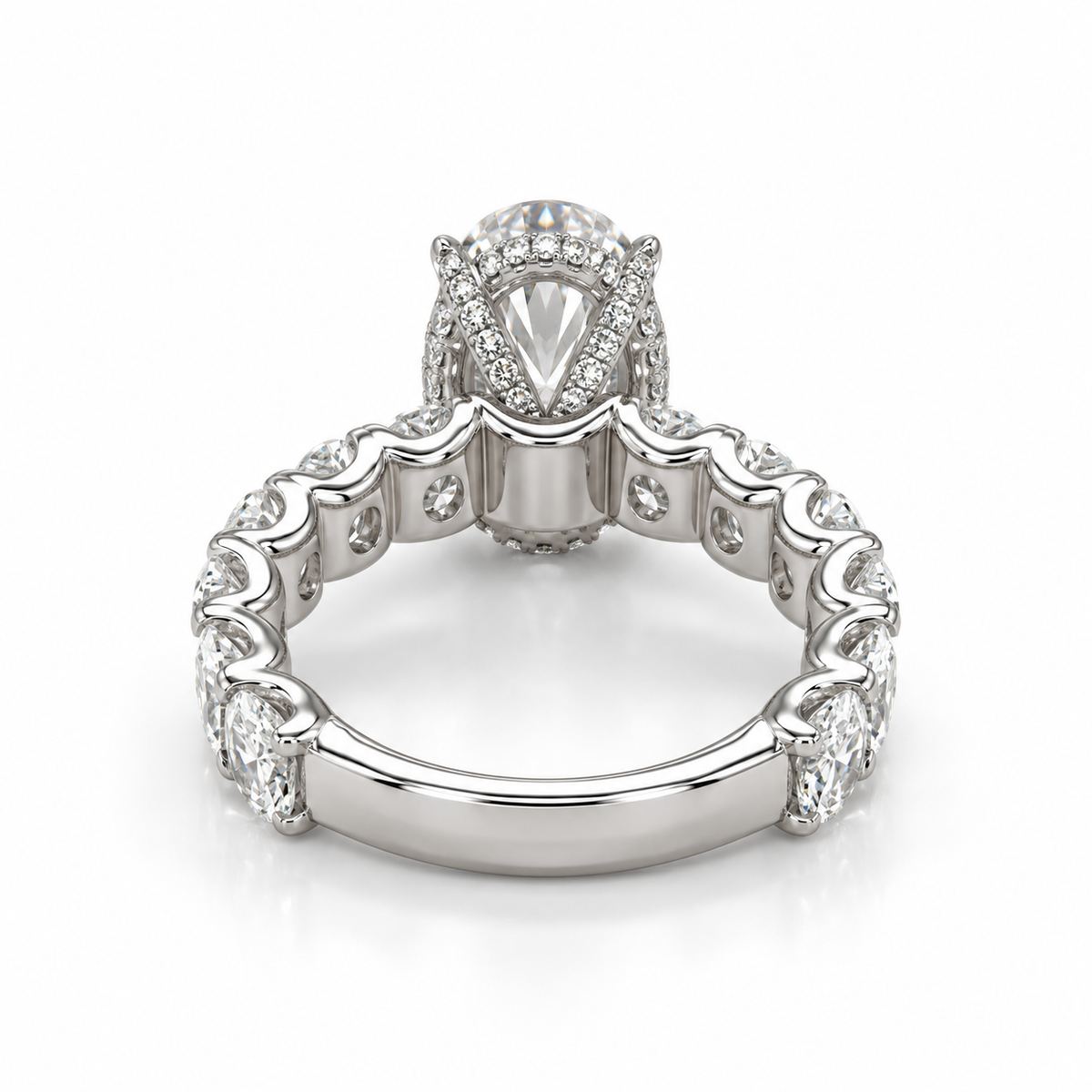 Oval Diamond Eternity Style Engagement Ring with Diamond Basket & Hidden Halo