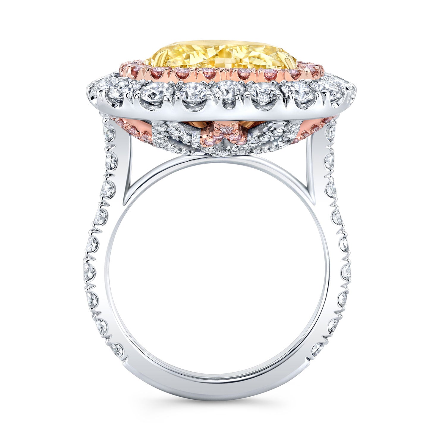 Tri-Color Heart-Shaped Yellow Diamond Double Halo Ring