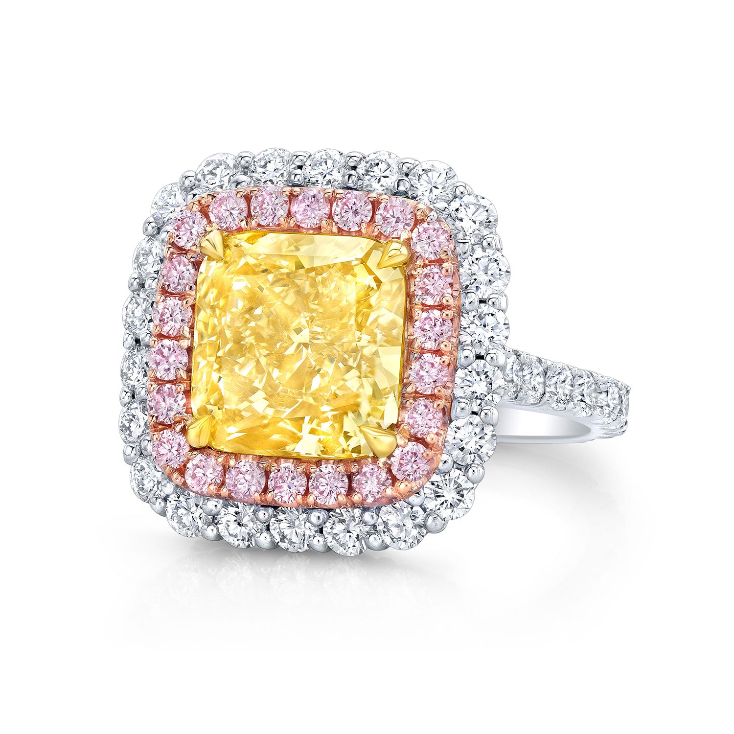 Double Halo Yellow Cushion Diamond Ring