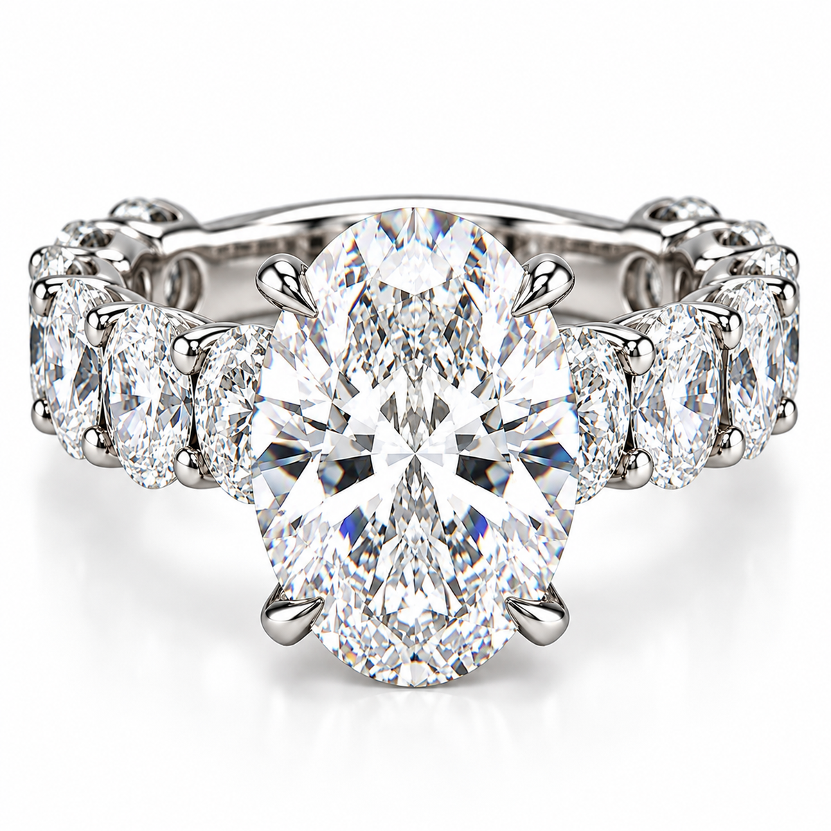 Oval Diamond Eternity Style Engagement Ring with Diamond Basket & Hidden Halo