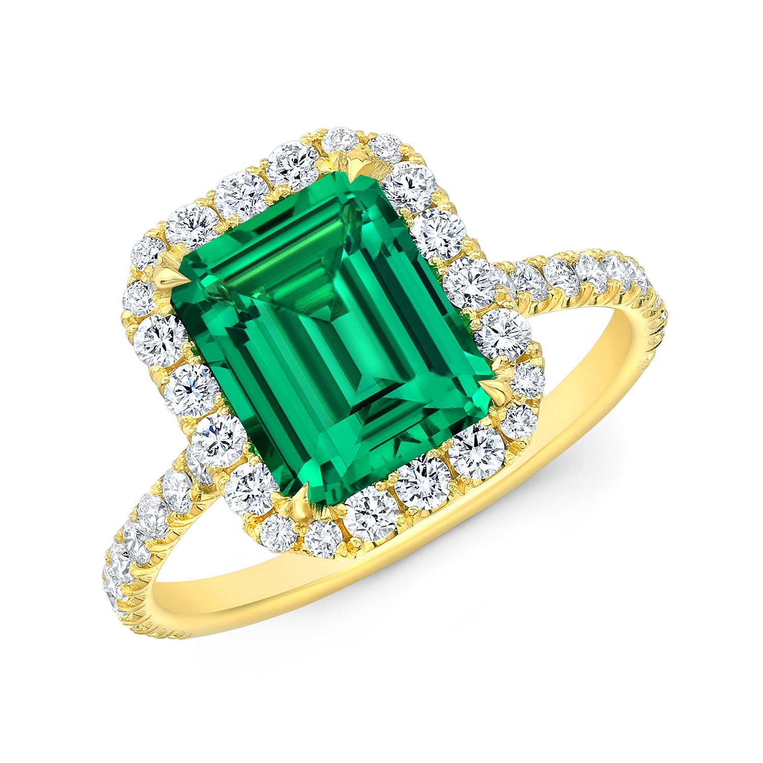 Yellow Gold Halo Ring with Green Emerald & Diamond Halo