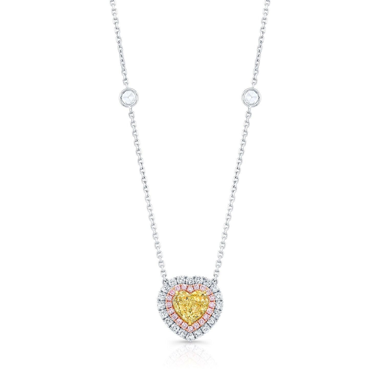 Tri-Color Heart Diamond Pendant with Dual Halo Design