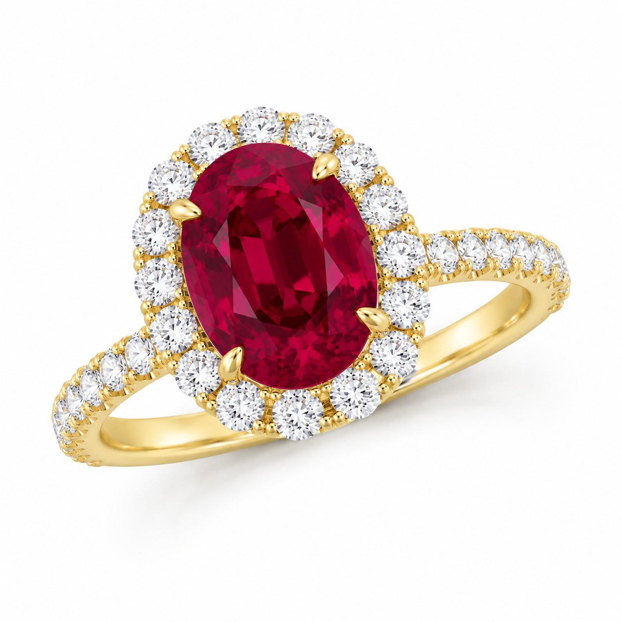 Yellow Gold Halo Ring with Oval Ruby & Diamond Halo