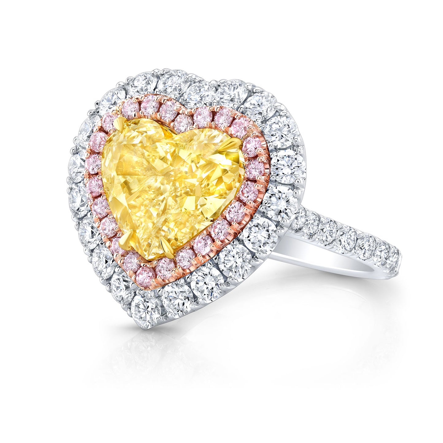 Tri-Color Heart-Shaped Yellow Diamond Double Halo Ring